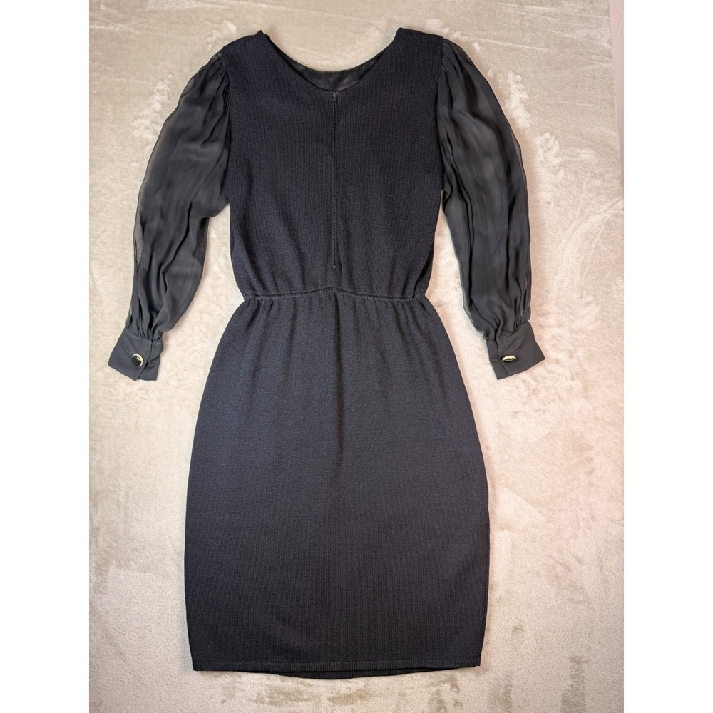 Vintage St John By Marie Gray Knit Sheer Sleeve Black Sheath Dress Size 10 - Picture 5 of 8